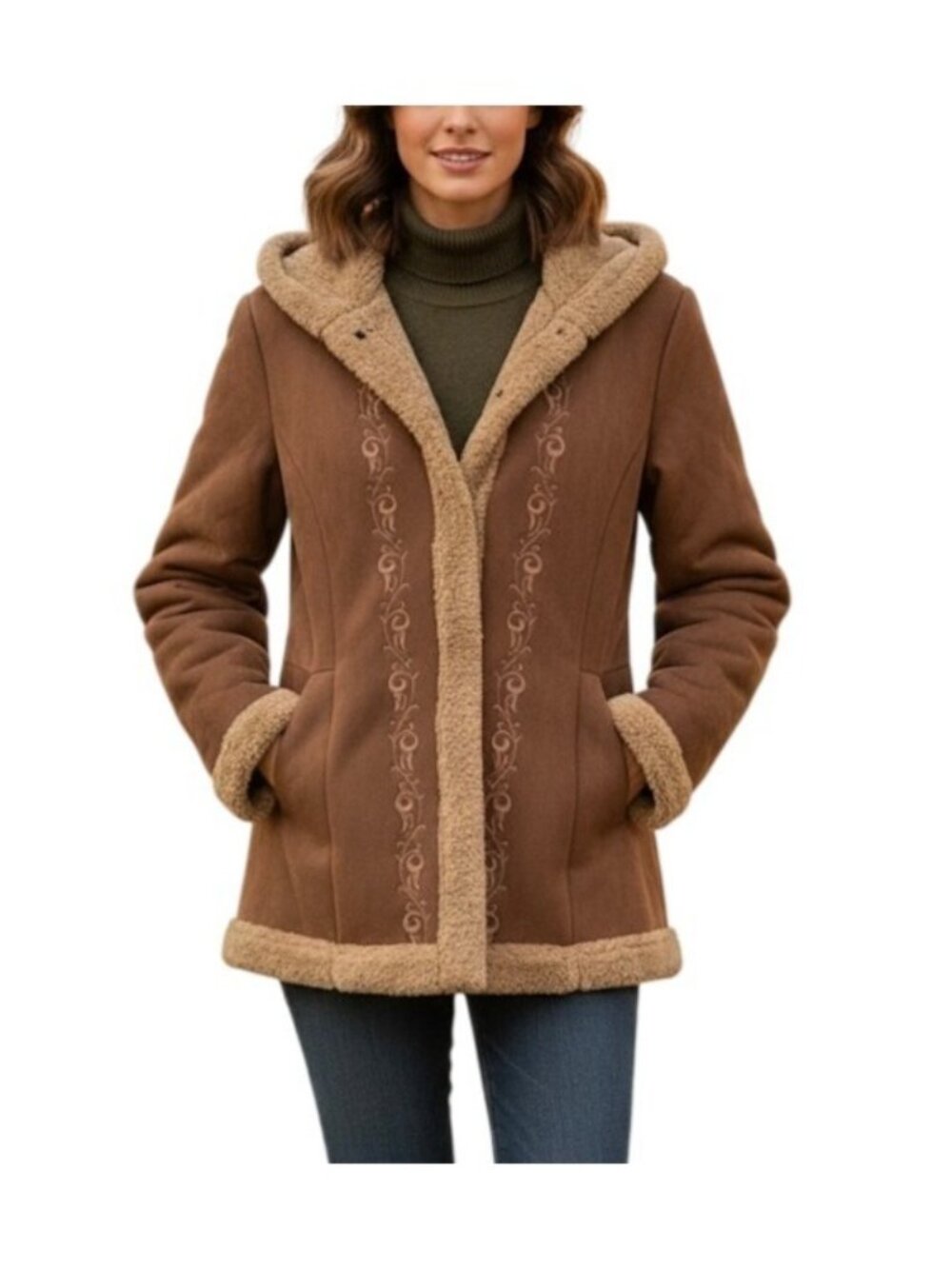 VTG Esprit Faux Suede Sherpa Hooded Coat M Penny Lane 90s Boho Afghan Whimsigoth